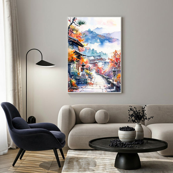 Wadi Home Japanese village watercolor landscape art with autumn trees and mountains.
