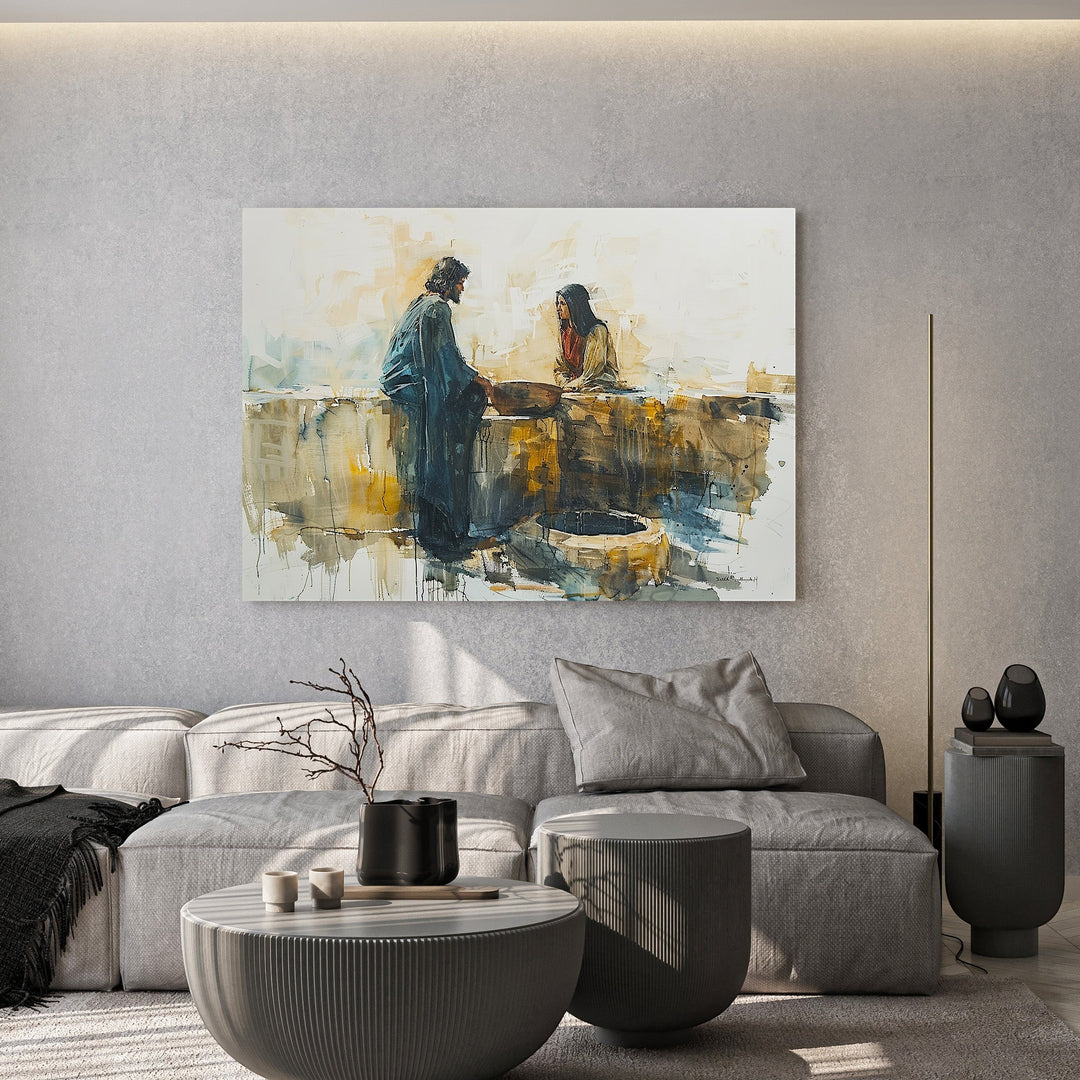 Wadi Home Jesus and the Samaritan Woman at the Well watercolor painting. Expressive art with warm earthy tones, blues, and yellows.