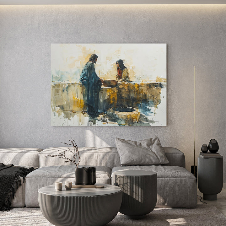 Wadi Home Jesus and the Samaritan Woman at the Well watercolor painting. Expressive art with warm earthy tones, blues, and yellows.