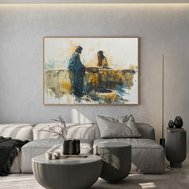 Wadi Home Jesus and the Samaritan Woman at the Well watercolor painting. Loose expressive style, warm earthy tones, blues and yellows.