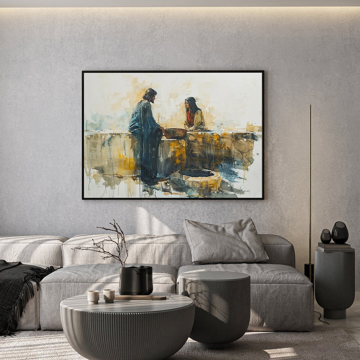 Wadi Home Jesus and the Samaritan Woman at the Well watercolor painting. Loose expressive style, warm earthy tones, blues and yellows.