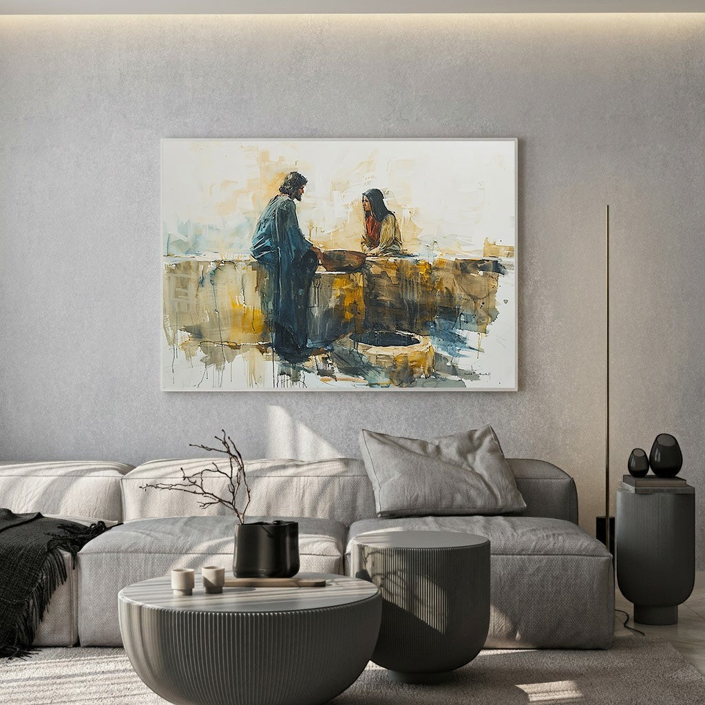 Wadi Home watercolor painting of Jesus and the Samaritan Woman at the Well, featuring a warm, earthy palette with blues and yellows.