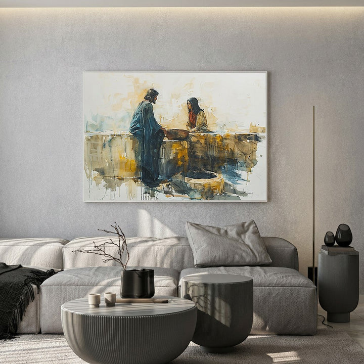 Wadi Home watercolor painting of Jesus and the Samaritan Woman at the Well, featuring a warm, earthy palette with blues and yellows.