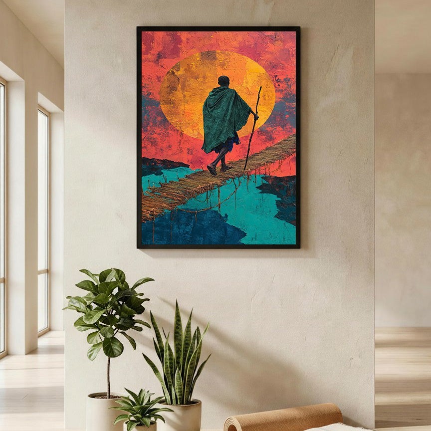 Wadi Home artwork 'Journey Across The Bridge' features a figure in a green cloak crossing a rustic bridge at sunset with vibrant orange and blue hues.