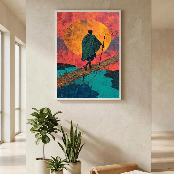 Wadi Home artwork: Figure in green cloak crosses rustic bridge at sunset over blue water. Textured art.
