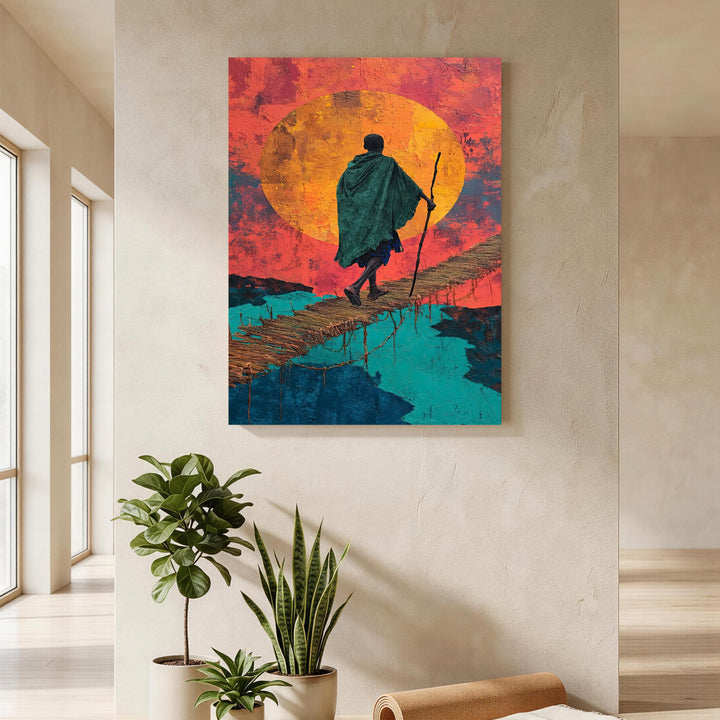 Wadi Home artwork: Figure in green cloak crosses rustic bridge at sunset over blue water. Textured, vibrant.