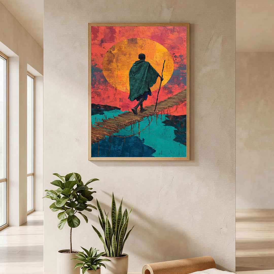 Wadi Home 'Journey Across The Bridge' art print: figure in green cloak crosses rustic bridge at sunset over blue water.