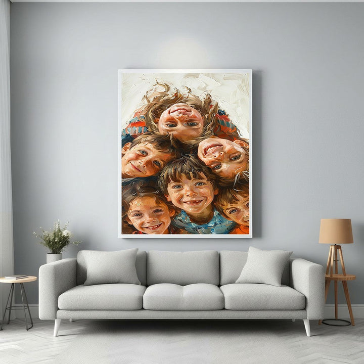 Wadi Home joyful group portrait painting of diverse children smiling, vibrant colours, expressive brushstrokes, framed art.