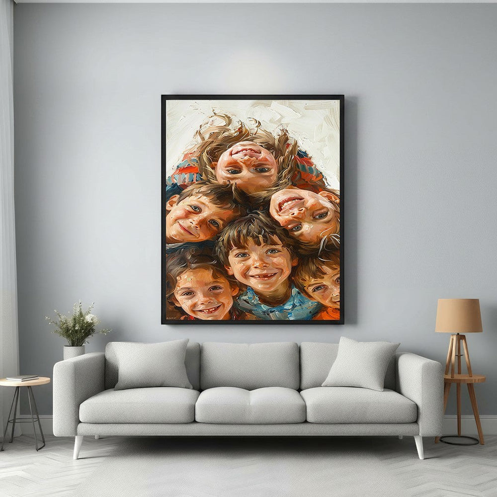 Wadi Home joyful group portrait painting of diverse children smiling and looking up, vibrant colours, expressive brushstrokes.