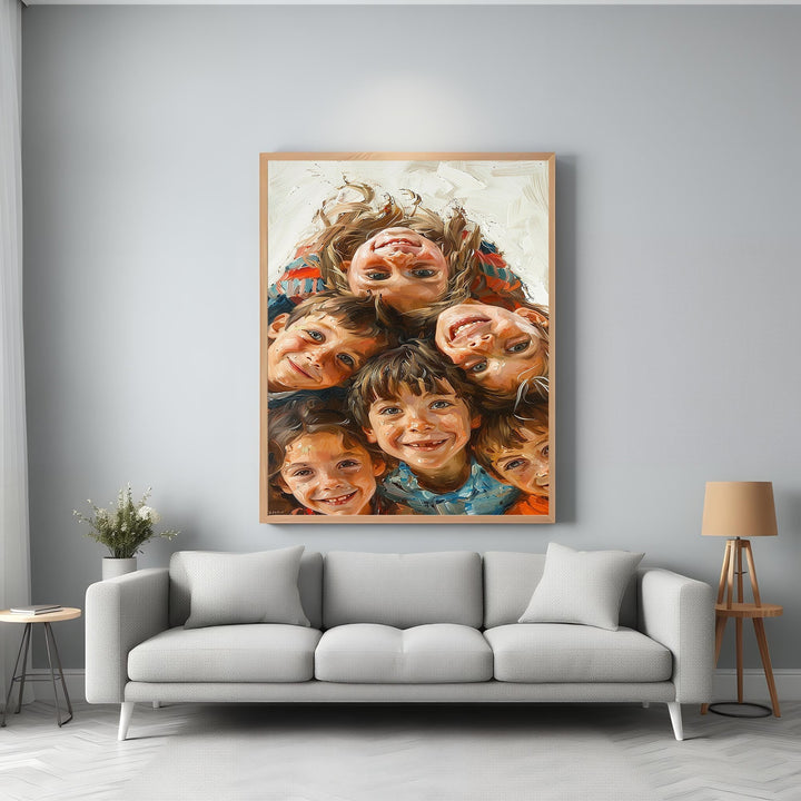 Wadi Home joyful group portrait painting of diverse children smiling, vibrant colours, expressive brushstrokes, framed artwork.