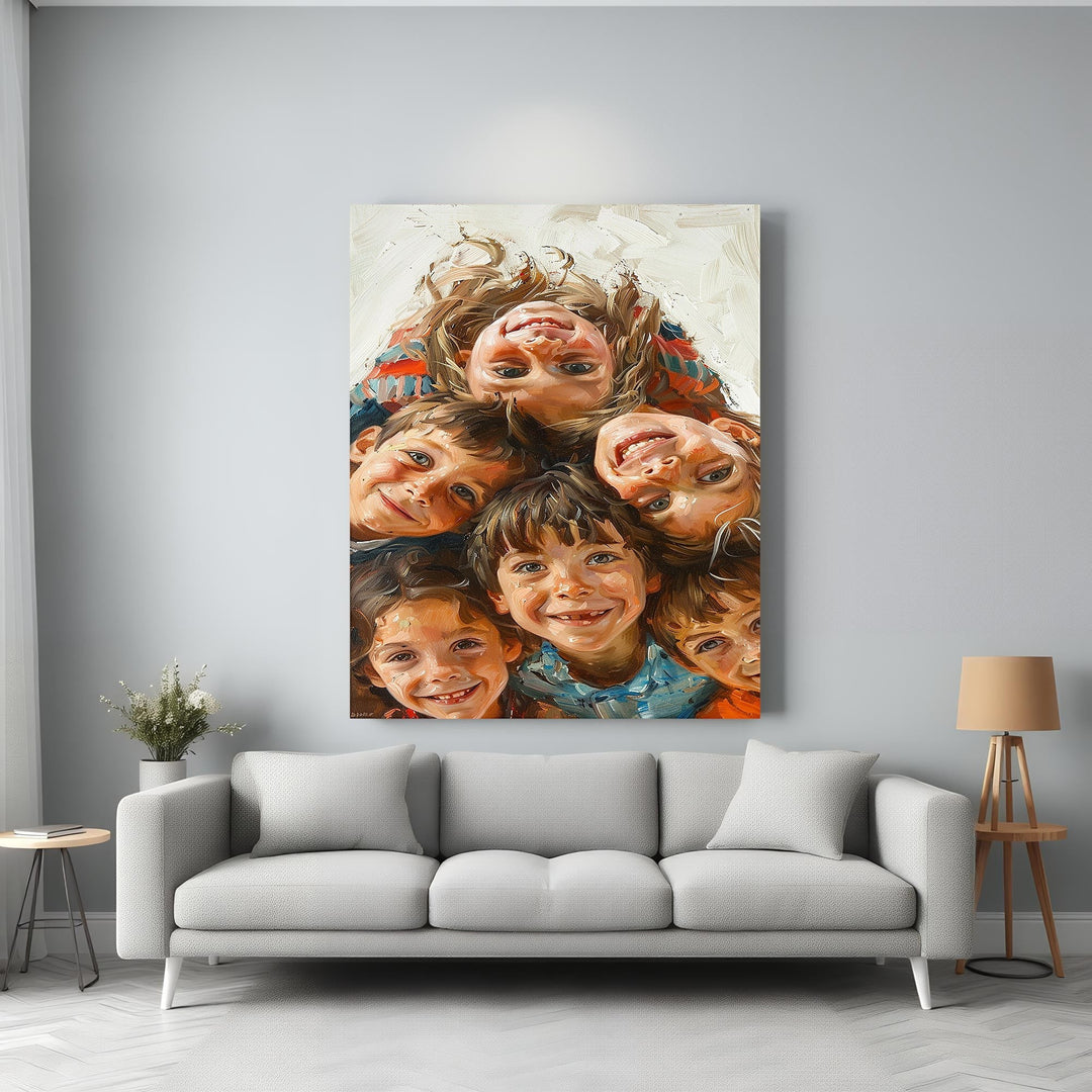 Wadi Home Joyful Faces Group Portrait painting of diverse children smiling and looking down from above, vibrant colours.