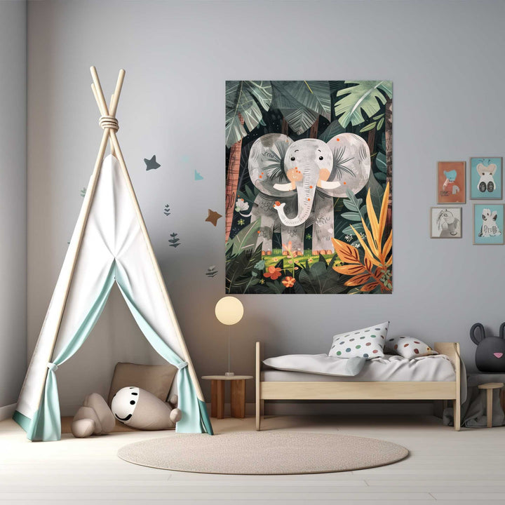Wadi Home Jungle Elephant Wall Art featuring a friendly grey elephant amidst lush green jungle foliage and colorful flowers. Perfect for a child's room.