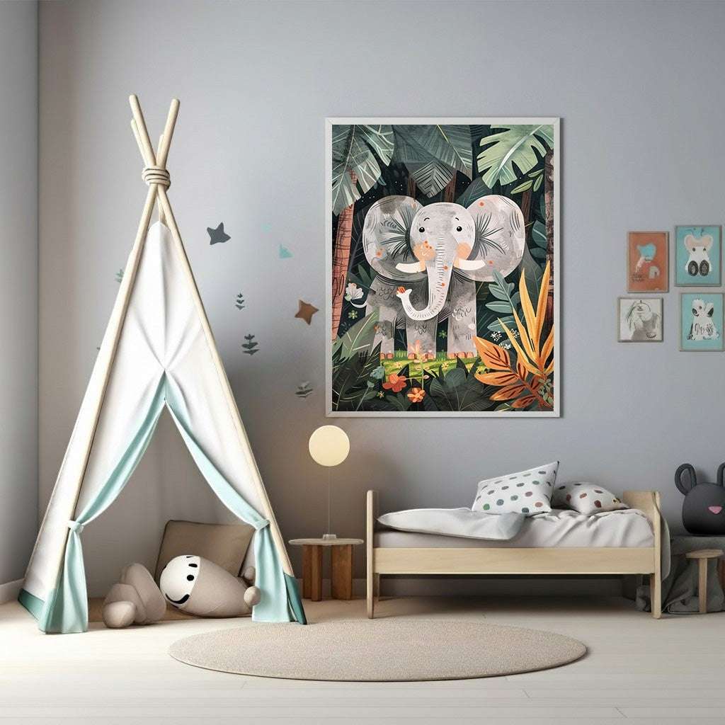 Wadi Home framed jungle elephant wall art with lush foliage, perfect for a child's room.