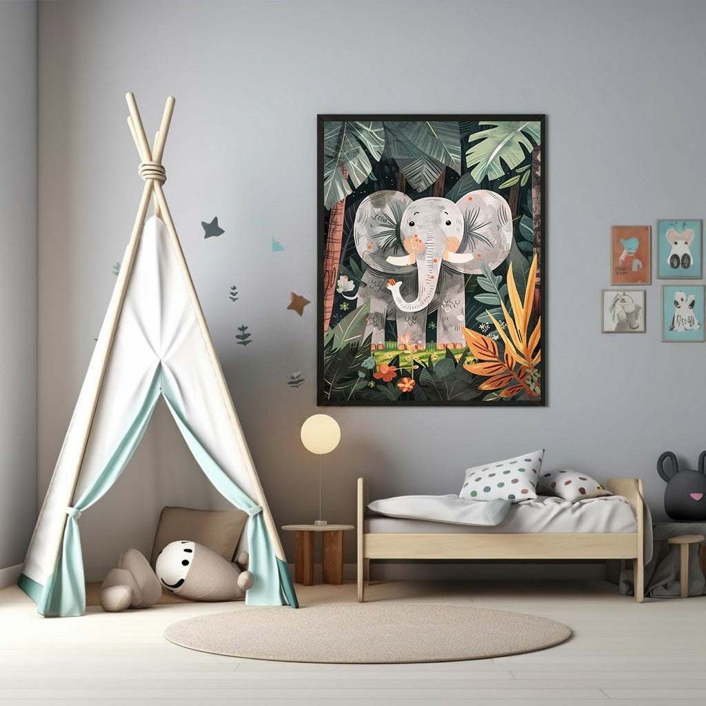 Wadi Home framed jungle elephant wall art with lush foliage, perfect for a child's room.