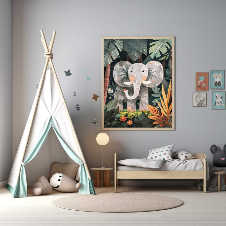 Wadi Home framed Jungle Elephant Wall Art featuring a friendly grey elephant amidst lush green jungle foliage and colorful flowers. Perfect for a child's room.
