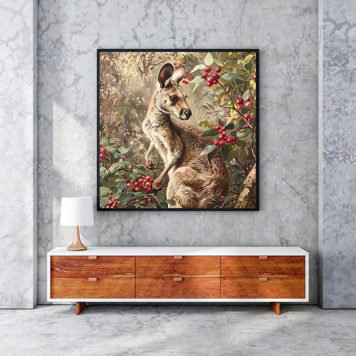 Wadi Home framed wall art of a kangaroo in a forest with red berries. Realistic wildlife painting.