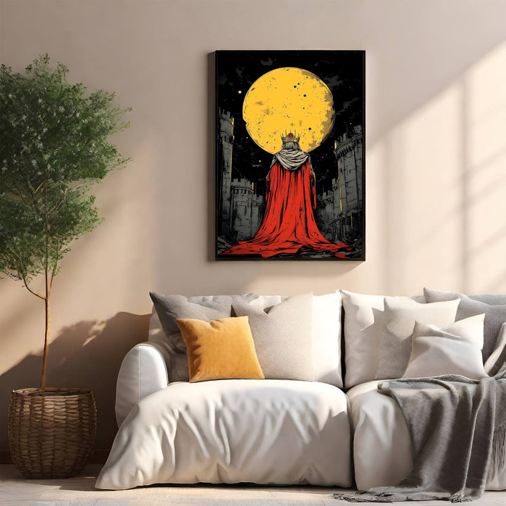 Wadi Home artwork: King in red cloak and crown before a full moon and castles. Fantasy art.