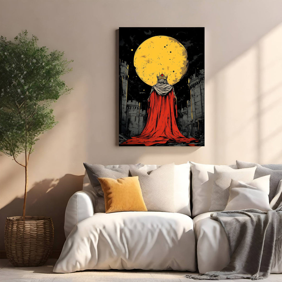 Wadi Home artwork: King in red cloak and crown before a full moon and castles. Fantasy art.