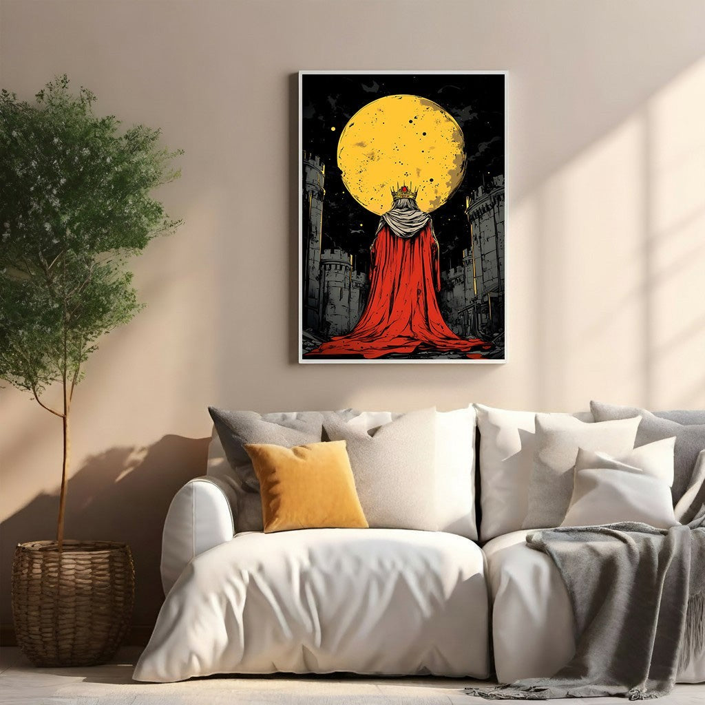 Wadi Home artwork: King in red cloak and crown before a full moon and castles, fantasy art.