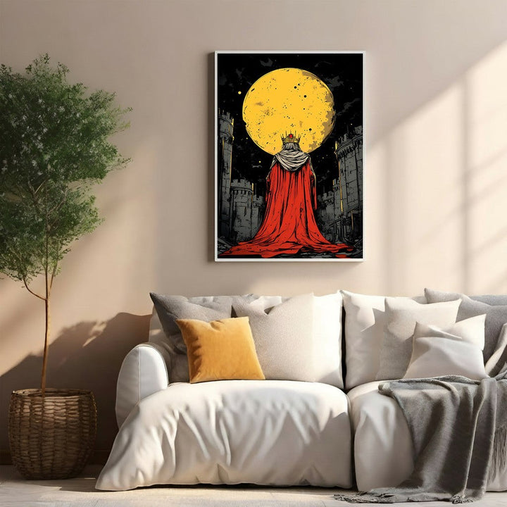 Wadi Home artwork: King in red cloak and crown before a full moon and castles, fantasy art.