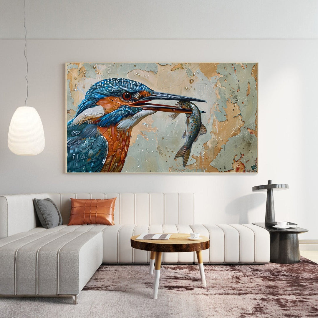 Wadi Home Kingfisher with fish wall art, vibrant blue and orange bird holding a fish in its beak, textured background.