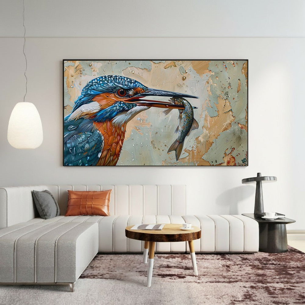 Wadi Home Kingfisher With Fish Wall Art, vibrant kingfisher with fish in beak, textured background, nature-inspired decor.