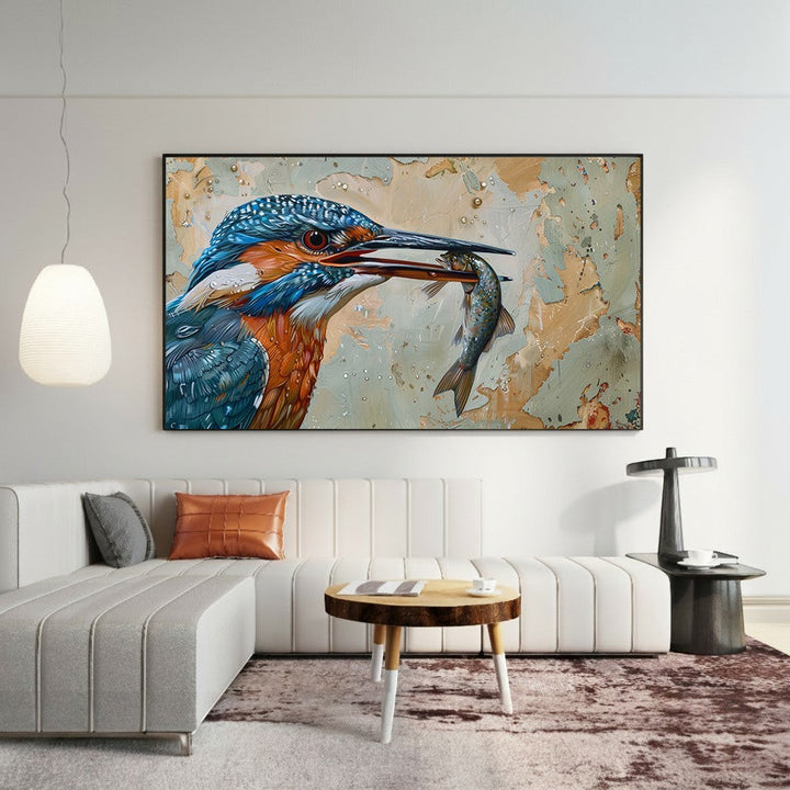Wadi Home Kingfisher With Fish Wall Art, vibrant kingfisher with fish in beak, textured background, nature-inspired decor.