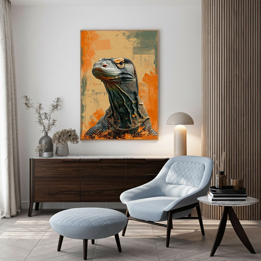 Wadi Home Komodo dragon portrait wall art with orange and green abstract background. Detailed scales and intense gaze.