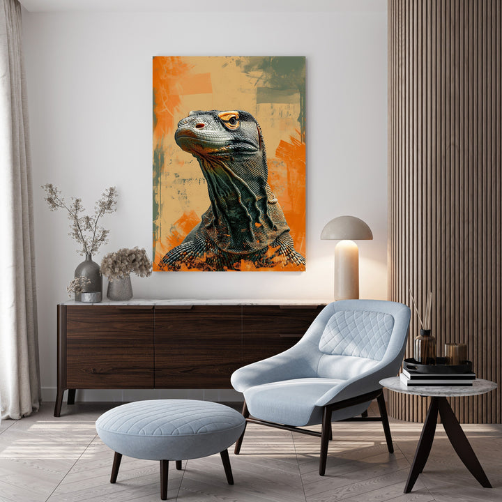 Wadi Home Komodo dragon portrait wall art with orange and green abstract background. Detailed scales and intense gaze.