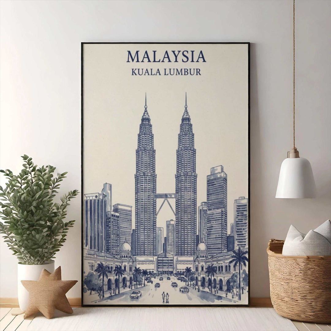 Wadi Home Kuala Lumpur cityscape sketch art print featuring Petronas Towers in blue ink on cream paper.