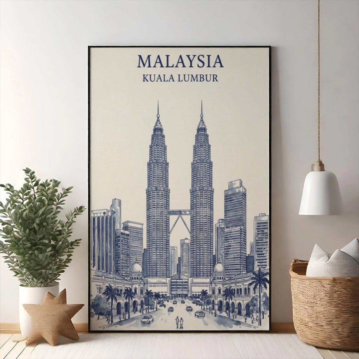 Wadi Home Kuala Lumpur cityscape sketch art print featuring Petronas Towers in blue ink on cream paper.