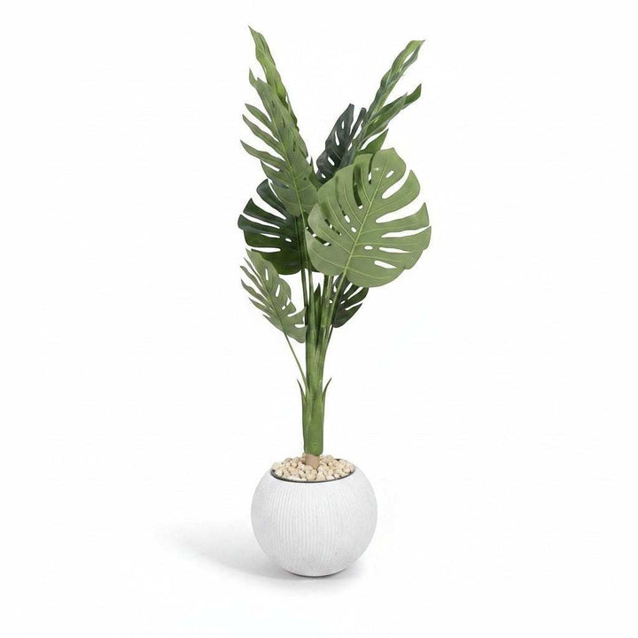 Wadi Home large faux monstera plant with split green leaves in a textured white spherical pot with pebbles.