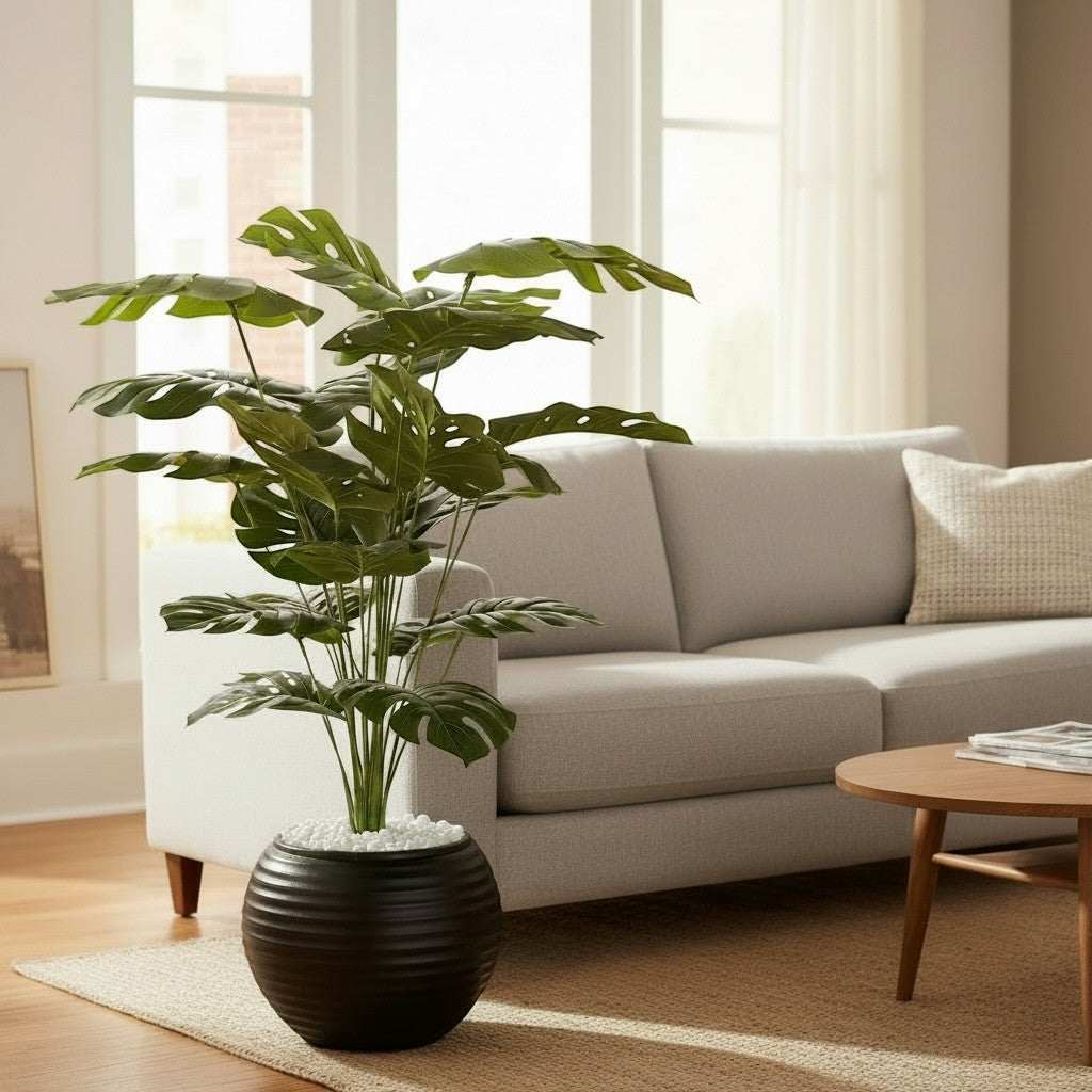 Wadi Home large artificial Monstera plant with deep green fenestrated leaves in a black ribbed planter with white stones.