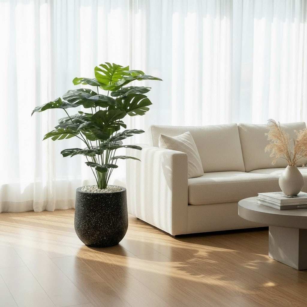 Wadi Home large artificial Monstera plant with split green leaves in a speckled black pot with white stones.