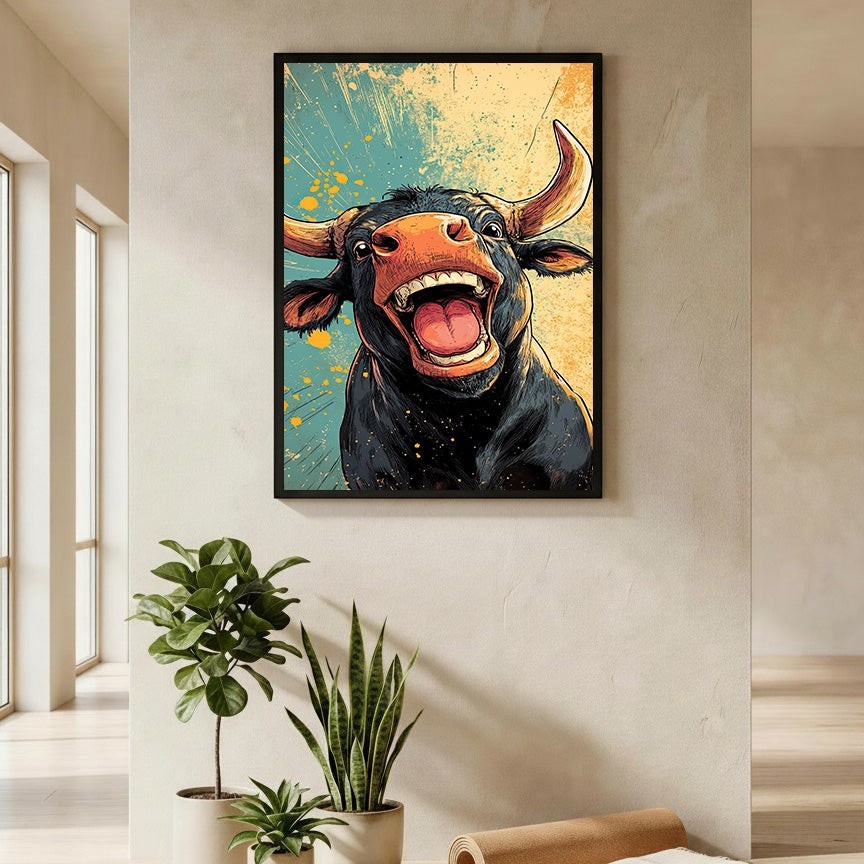 Wadi Home laughing bull wall art, vibrant illustration with bold colors and dynamic design, perfect for adding humor and character.