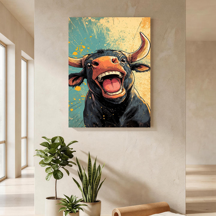 Wadi Home laughing bull wall art, vibrant illustration with bold colors and expressive design, perfect for adding personality to any room.