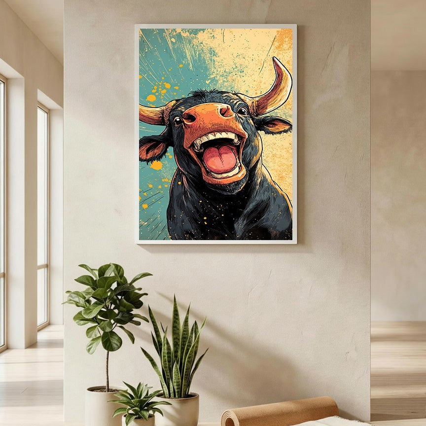Wadi Home framed wall art print of a laughing bull with orange nose and horns, vibrant yellow and teal background.