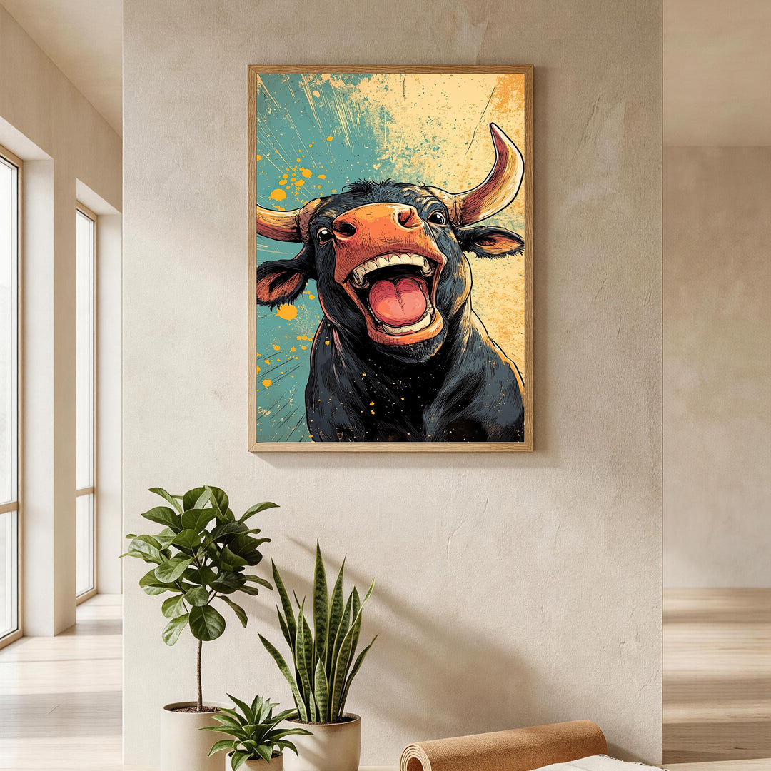 Wadi Home framed wall art print of a laughing black bull with orange accents and a vibrant abstract background.