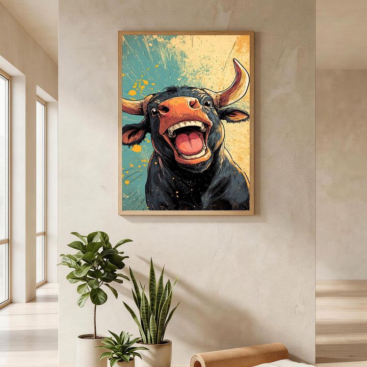 Wadi Home framed wall art print of a laughing black bull with orange accents and a vibrant abstract background.