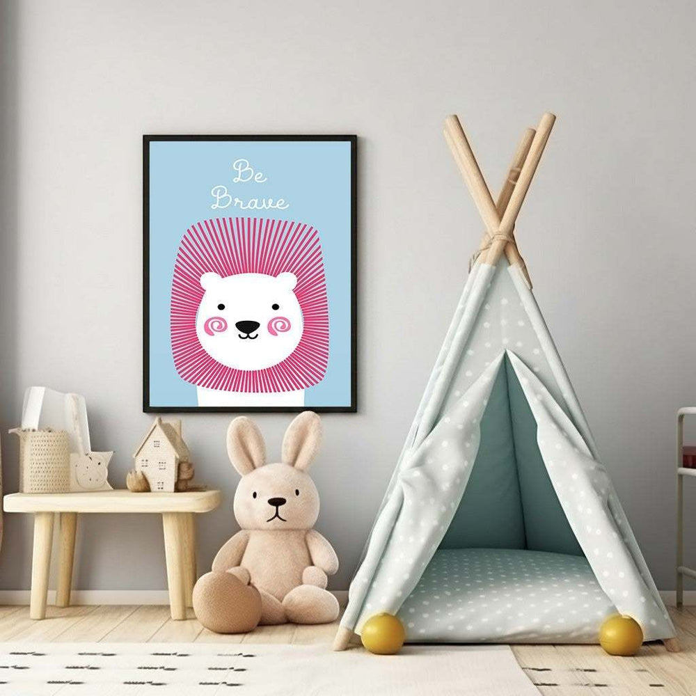 Wadi Home Be Brave Lion Nursery Art with pink mane on blue background, inspiring courage for kids rooms.