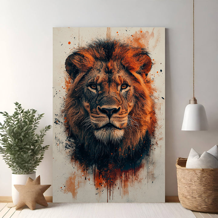 Wadi Home abstract watercolor lion portrait wall art in orange, black, and brown with paint splatters.