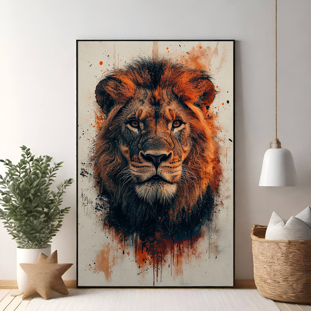 Wadi Home abstract watercolor lion portrait wall art in orange, black, and brown with paint splatters.