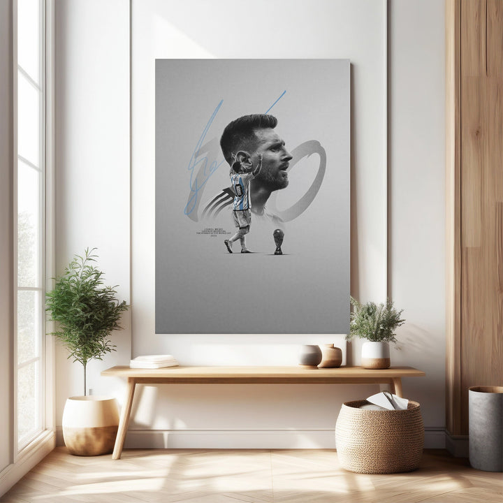 Wadi Home framed wall art featuring Lionel Messi in his Argentina jersey, with his signature and a trophy graphic. Minimalist design.