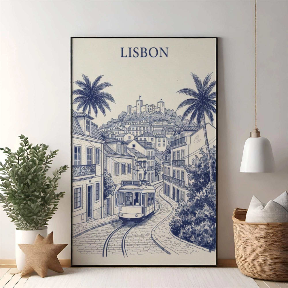 Wadi Home Lisbon tram print, blue and white sketch of a tram on cobblestone street with castle and palm trees.