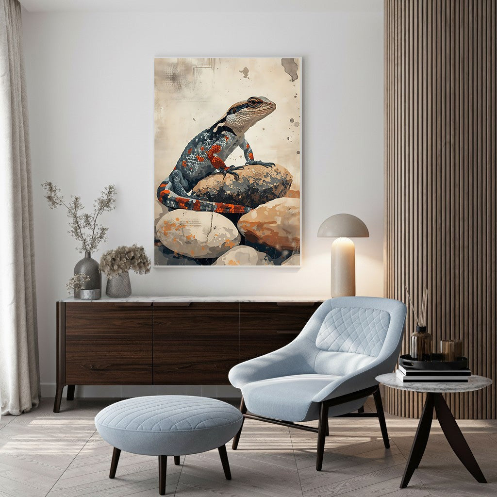 Wadi Home lizard on rocks wall art, featuring a colorful lizard perched on stones with earthy tones.