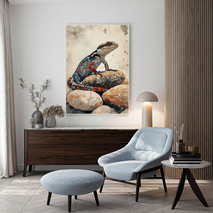 Wadi Home lizard on rocks wall art, featuring a colorful lizard perched on stones with earthy tones.