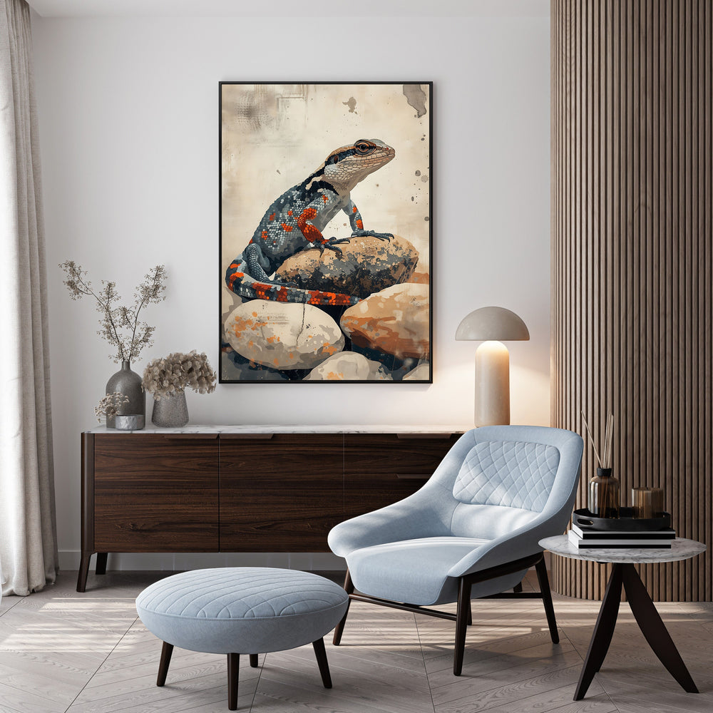 Wadi Home Lizard on Rocks Wall Art, a colorful lizard perched on stones, framed art print for nature lovers.