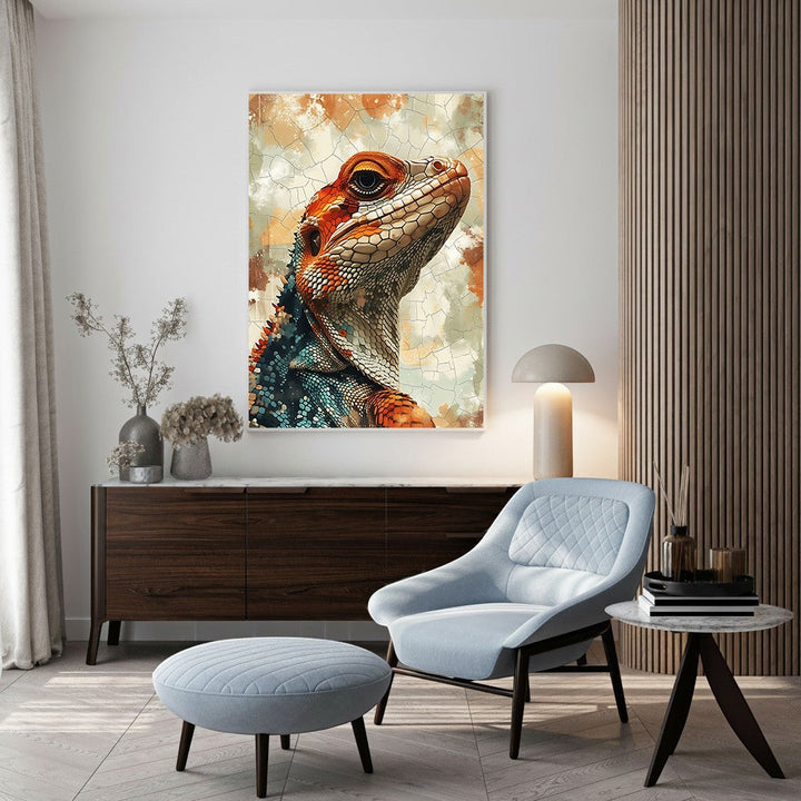 Wadi Home vibrant lizard portrait wall art with orange, red, and teal scales on a textured, painterly background.