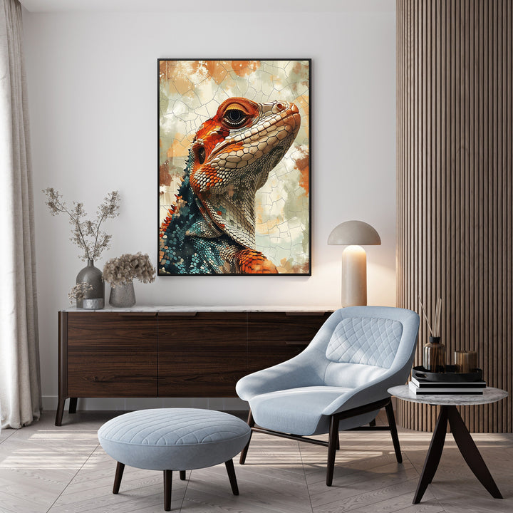 Wadi Home vibrant lizard portrait wall art with orange, red, and teal scales, textured background.