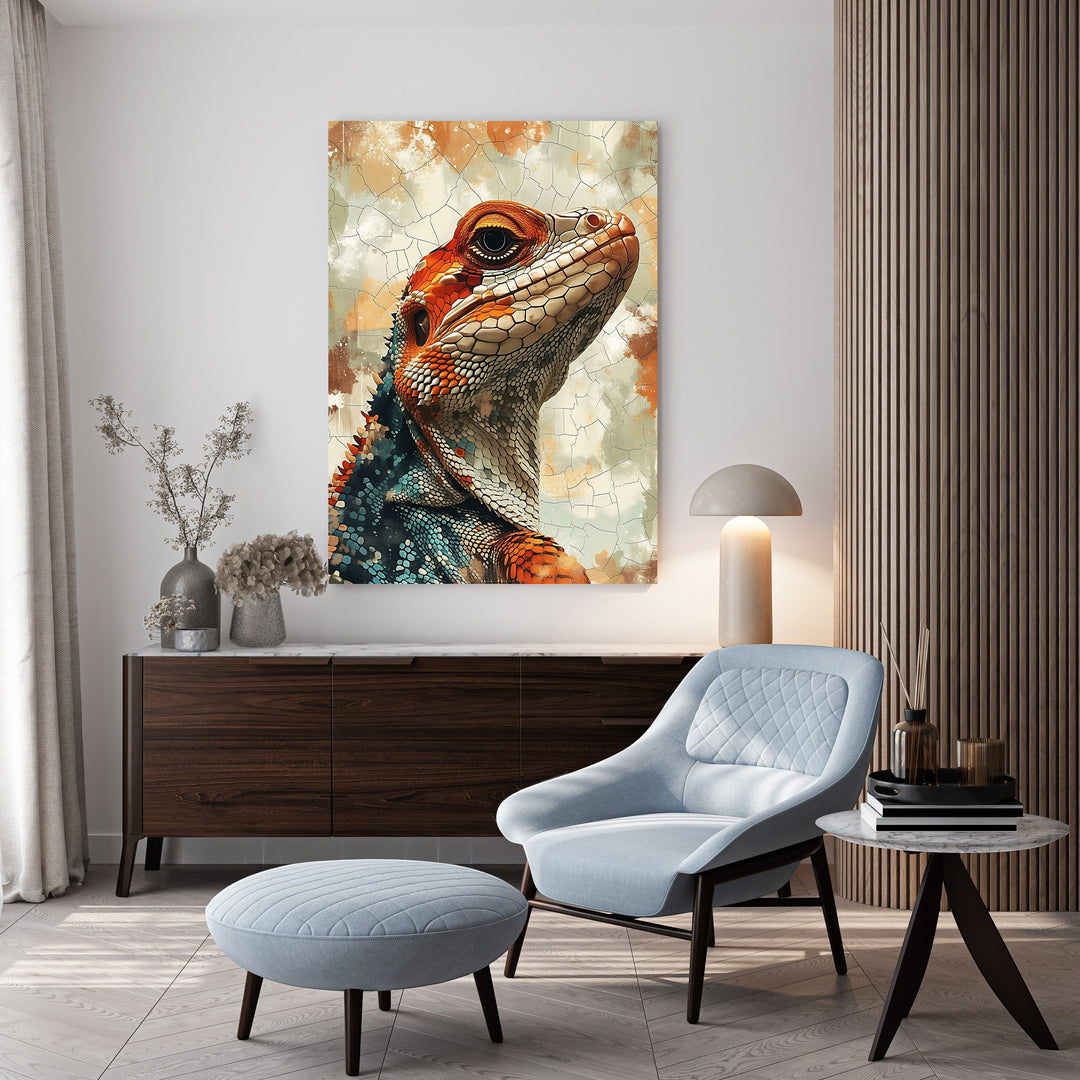 Wadi Home vibrant lizard portrait wall art with orange, red, and teal scales on a textured background.